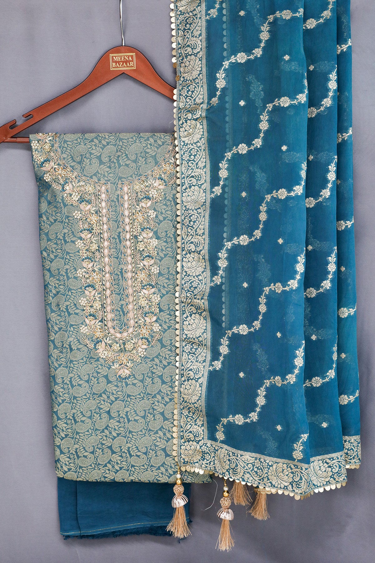 Blue Chanderi Silk Neck Embroidered Zari Weaving Suit