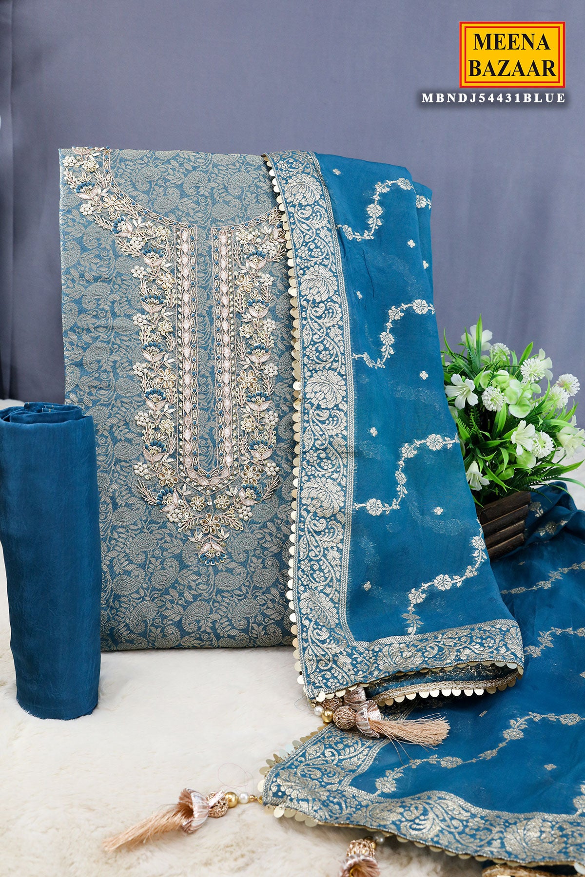 Blue Chanderi Silk Neck Embroidered Zari Weaving Suit