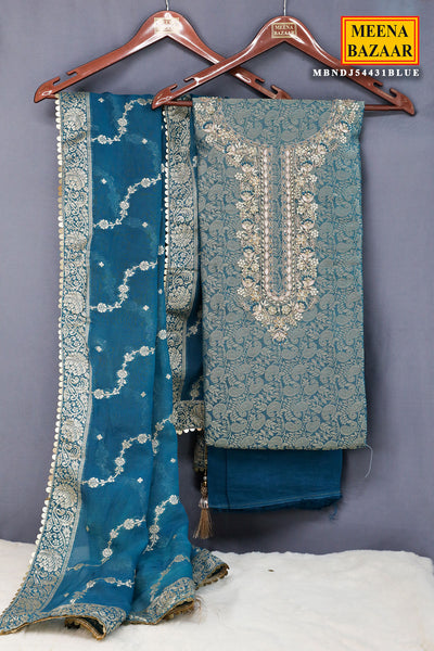 Blue Chanderi Silk Neck Embroidered Zari Weaving Suit