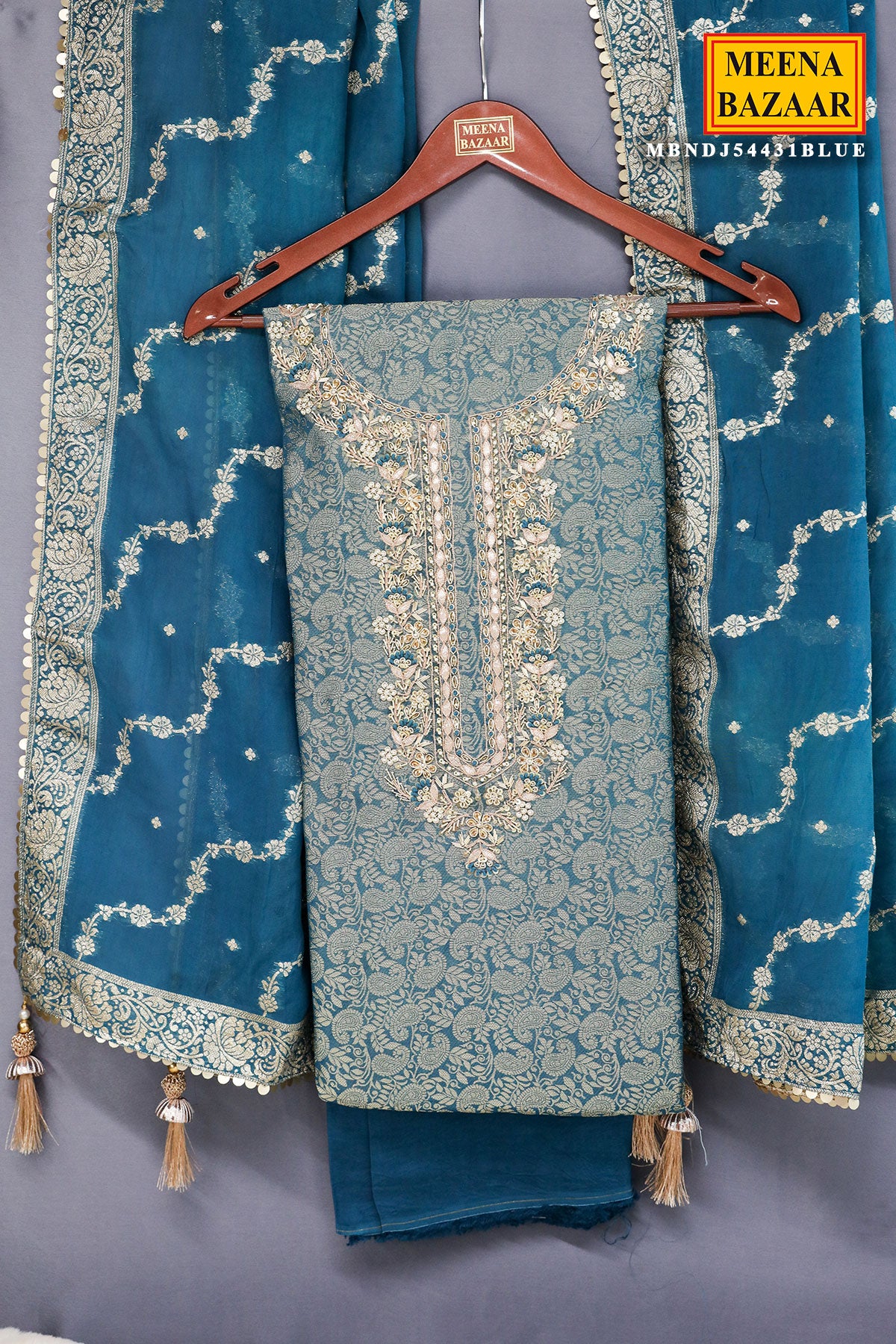 Blue Chanderi Silk Neck Embroidered Zari Weaving Suit