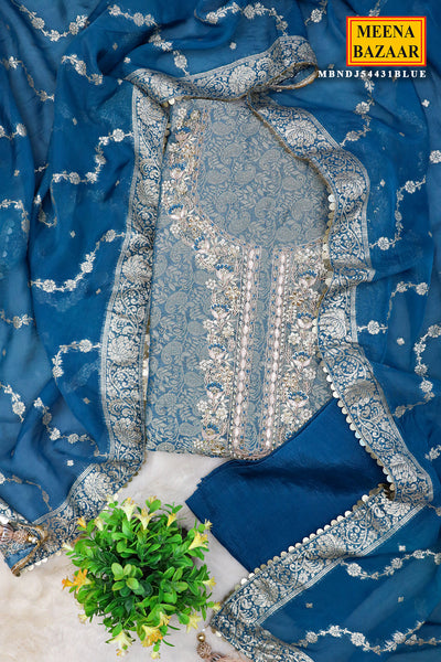 Blue Chanderi Silk Neck Embroidered Zari Weaving Suit