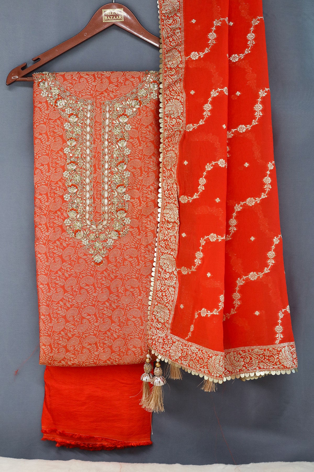 Orange Chanderi Silk Neck Embroidered Zari Weaving Suit