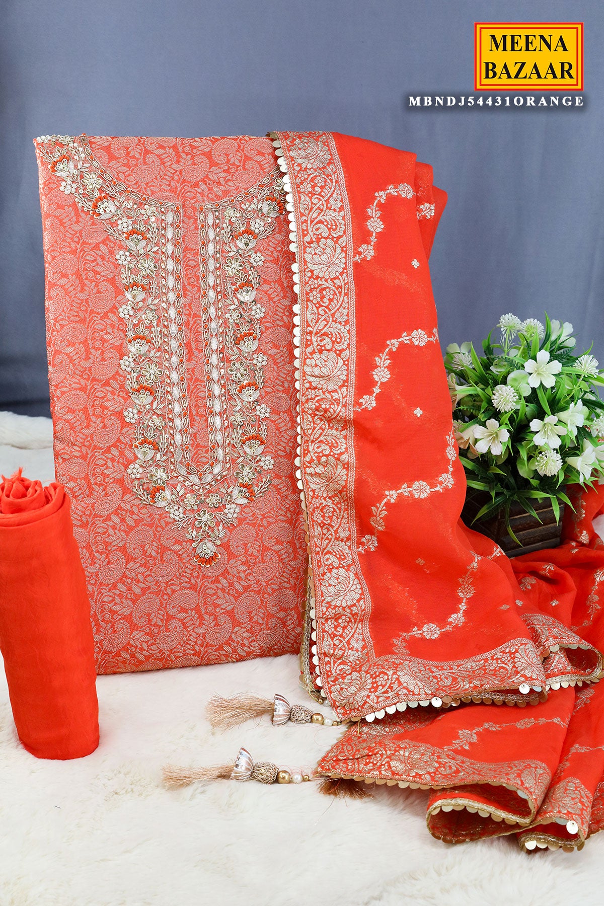 Orange Chanderi Silk Neck Embroidered Zari Weaving Suit