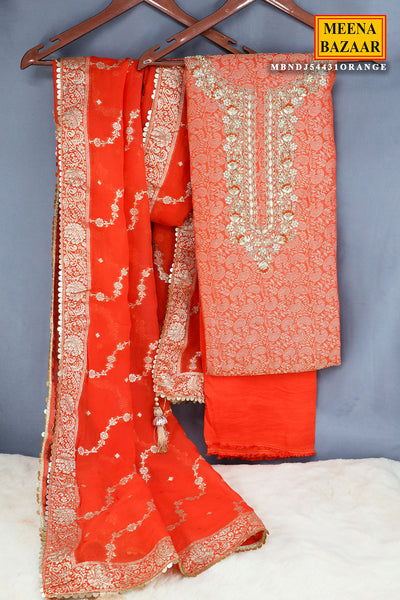 Orange Chanderi Silk Neck Embroidered Zari Weaving Suit