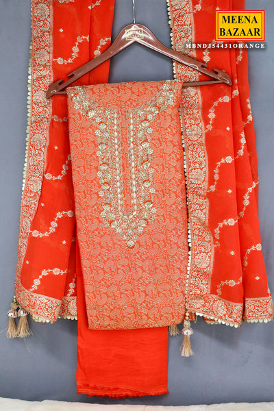 Orange Chanderi Silk Neck Embroidered Zari Weaving Suit