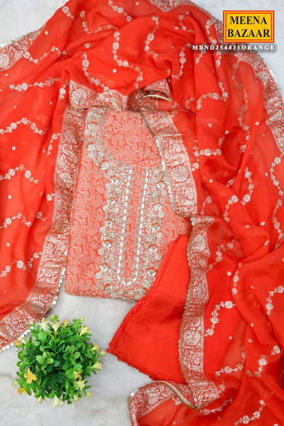 Orange Chanderi Silk Neck Embroidered Zari Weaving Suit