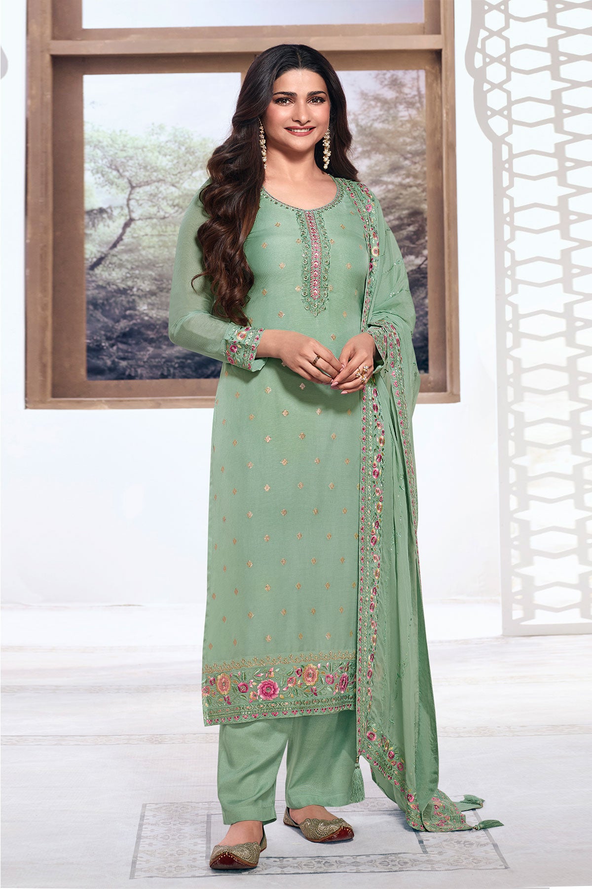 Sea Green Cotton Zari Woven Floral Threadwork and Sequins Embroidered Suit Set