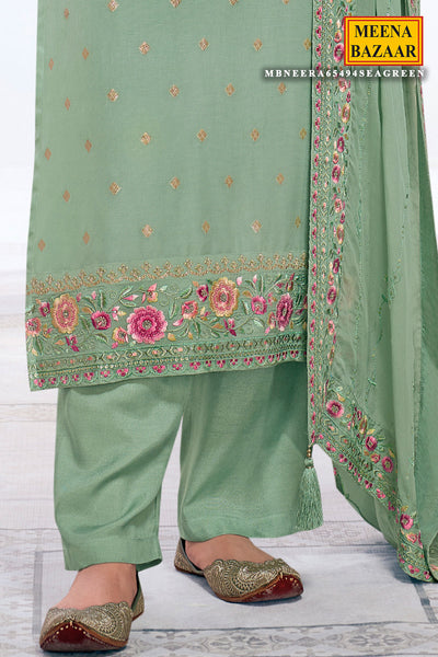 Sea Green Cotton Zari Woven Floral Threadwork and Sequins Embroidered Suit Set