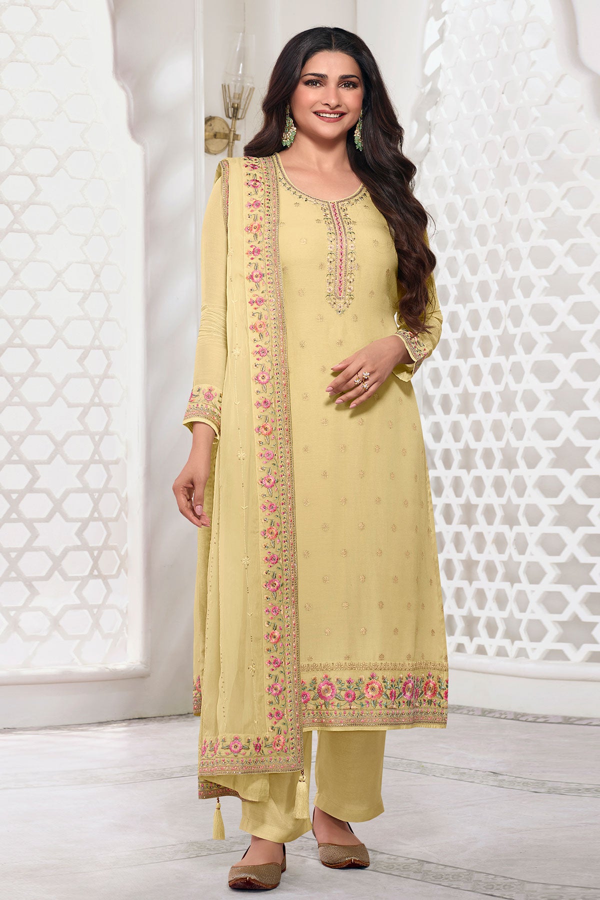 Mustard Cotton Zari Woven Floral Threadwork and Sequins Embroidered Suit Set