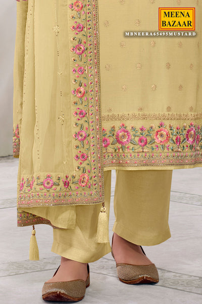 Mustard Cotton Zari Woven Floral Threadwork and Sequins Embroidered Suit Set