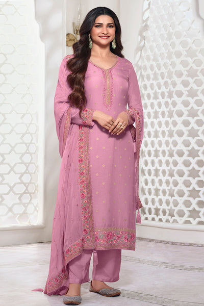 Pink Cotton Zari Woven Floral Threadwork and Sequins Embroidered Suit Set