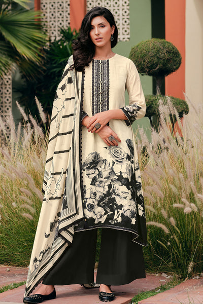 Tussar & Black Cotton Floral Printed Thread Lace Work Suit Set