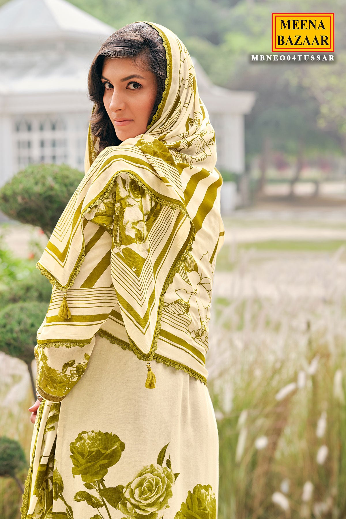 Tussar & Mehendi Cotton Floral Printed Thread Lace Work Suit Set