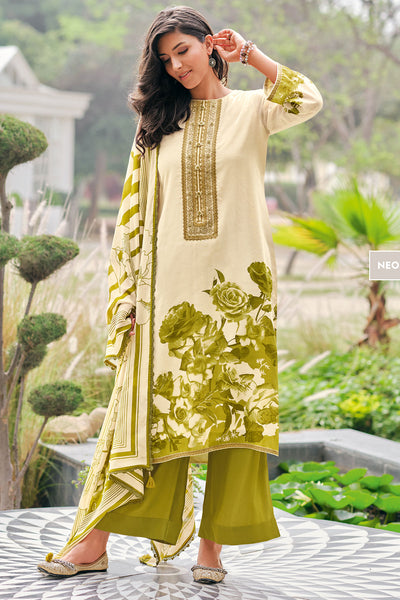 Tussar & Mehendi Cotton Floral Printed Thread Lace Work Suit Set