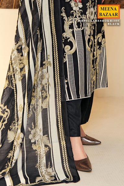 Black-Hued Spun Fabric Floral Printed Suit Set