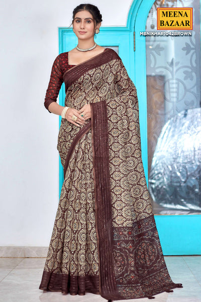 Brown Blended Cotton Printed Saree