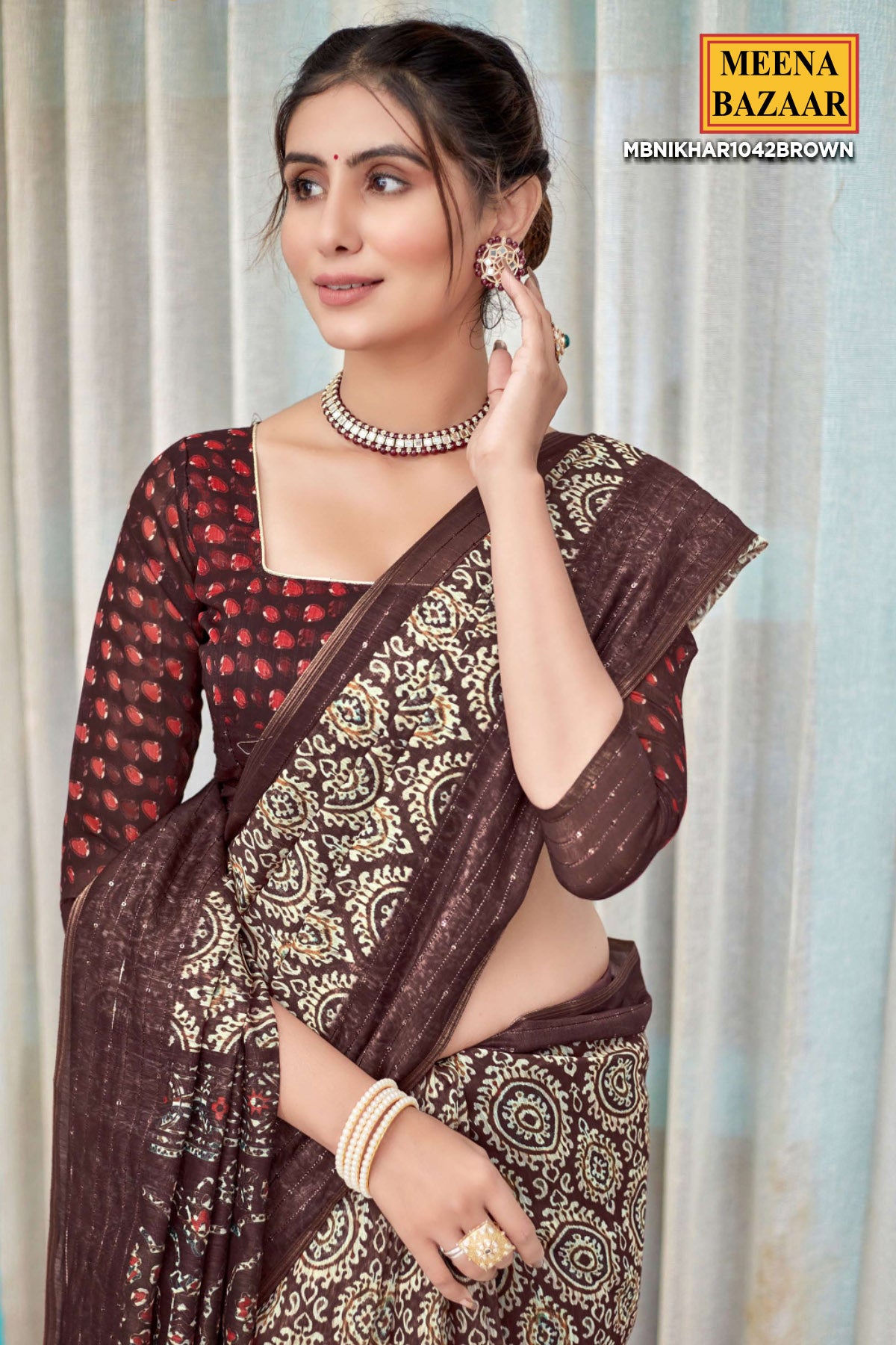 Brown Blended Cotton Printed Saree