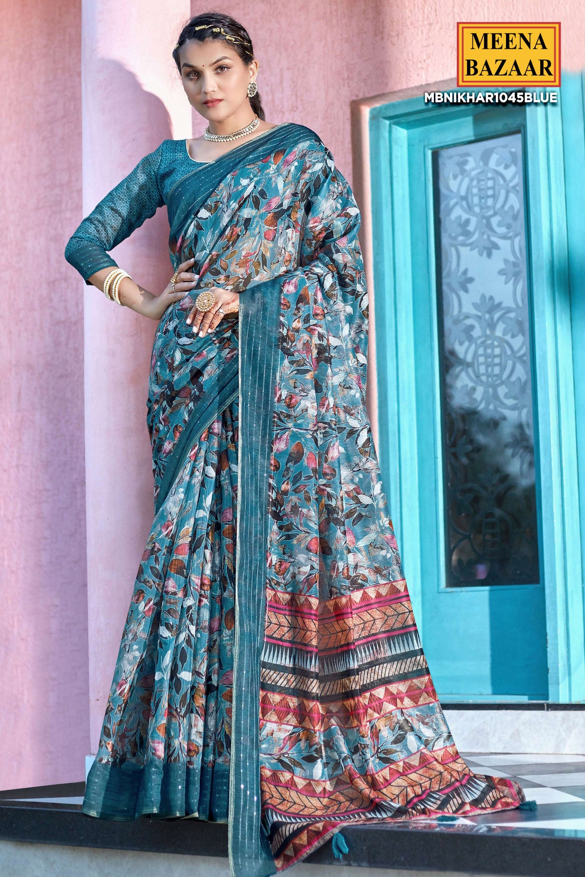 Blue Blended Cotton Printed Saree
