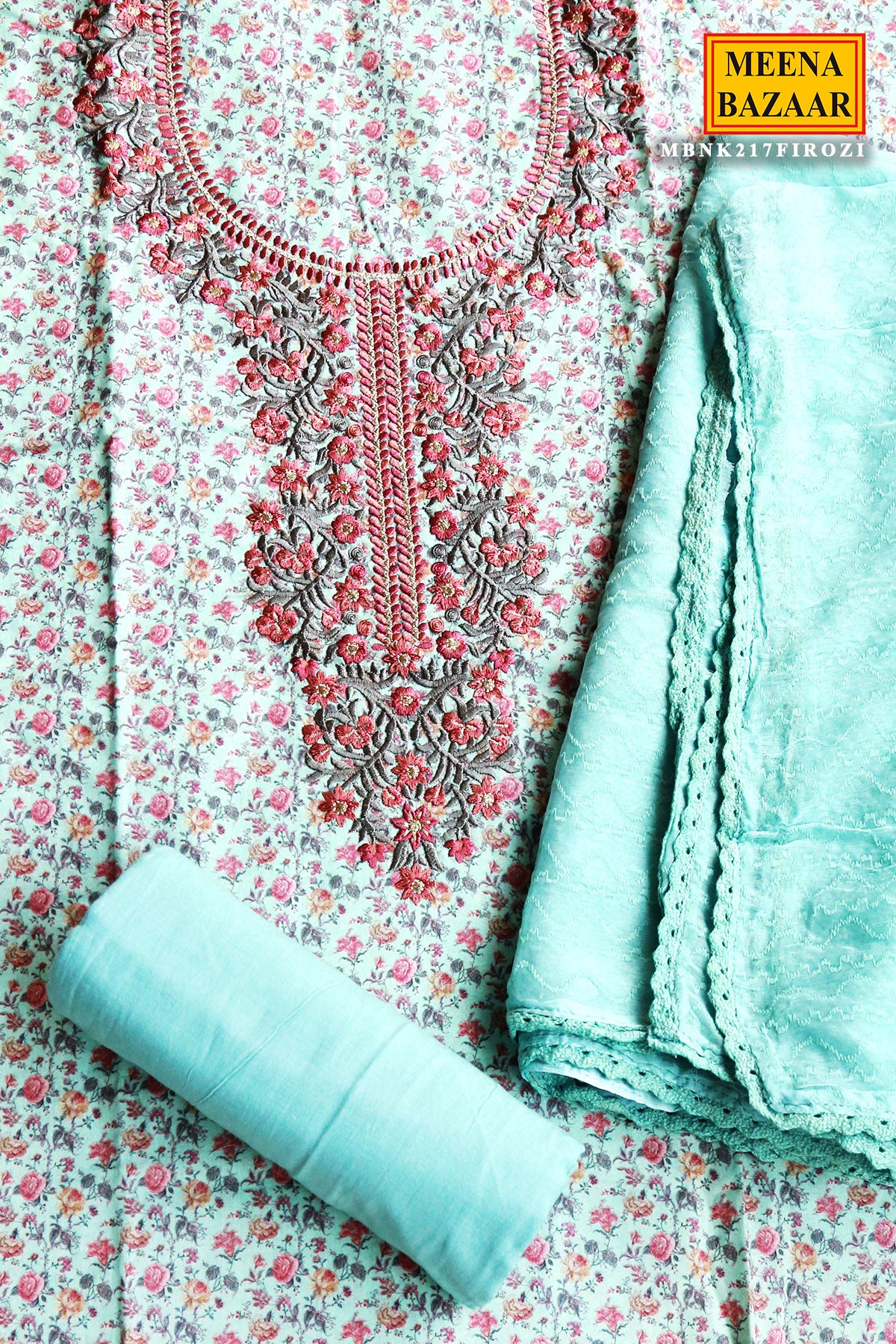 Firozi Neckline Embroidered Cotton Suit Set