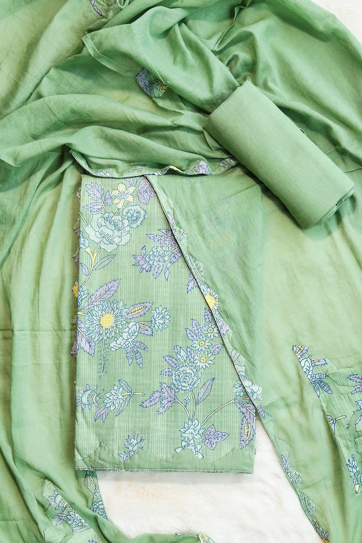 Pista Green Cotton Floral Printed Unstitched Suit Set