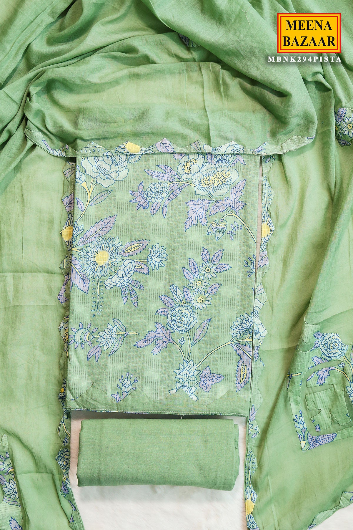 Pista Green Cotton Floral Printed Unstitched Suit Set