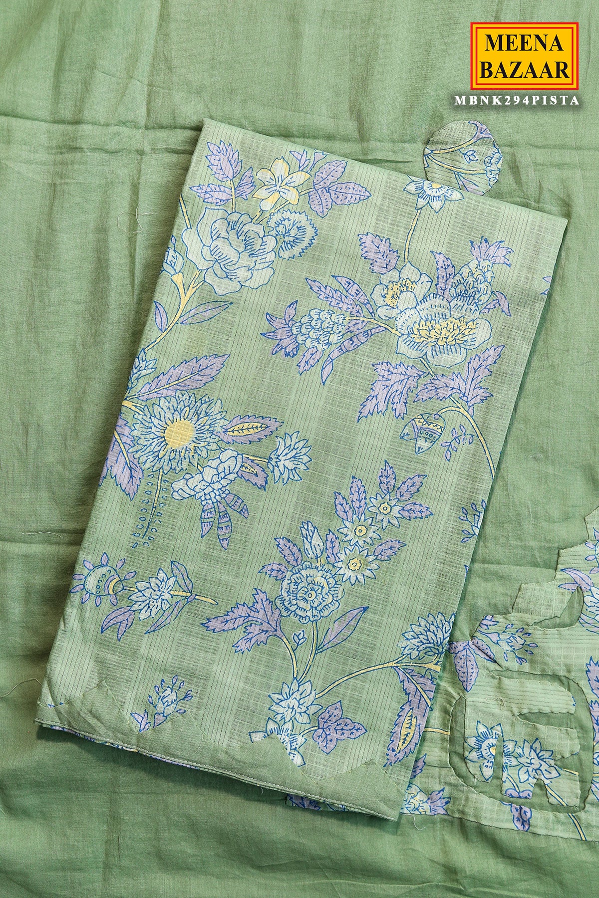 Pista Green Cotton Floral Printed Unstitched Suit Set