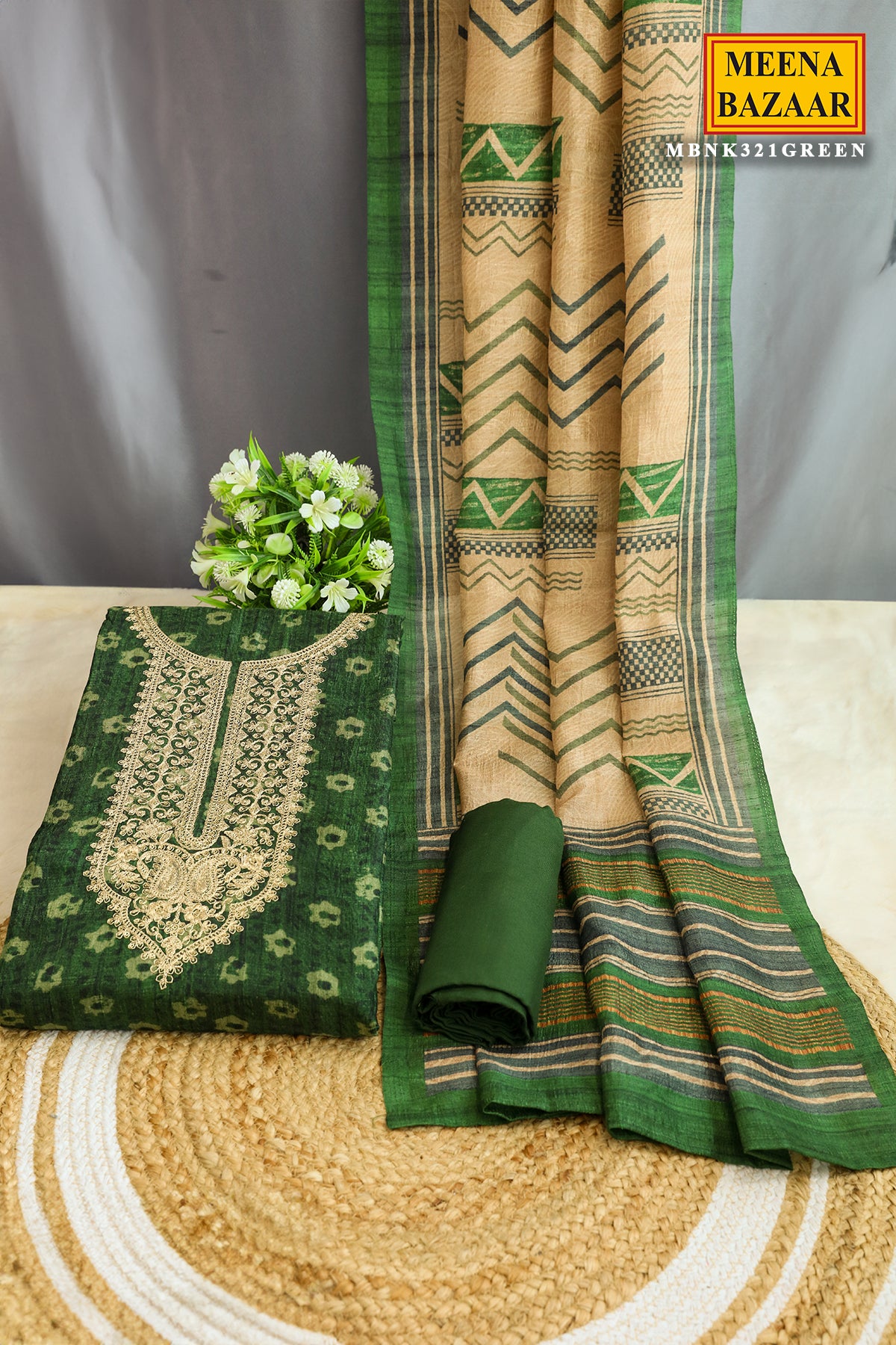 Green Tussar Silk Sequins and Zari Embroidered Suit Set with Printed Dupatta