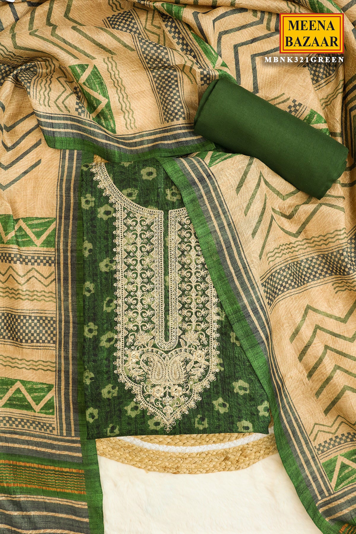 Green Tussar Silk Sequins and Zari Embroidered Suit Set with Printed Dupatta