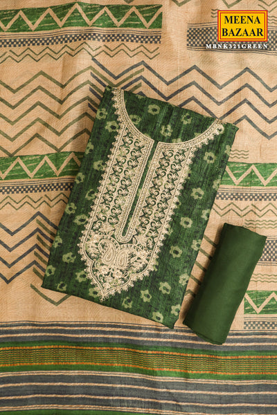 Green Tussar Silk Sequins and Zari Embroidered Suit Set with Printed Dupatta