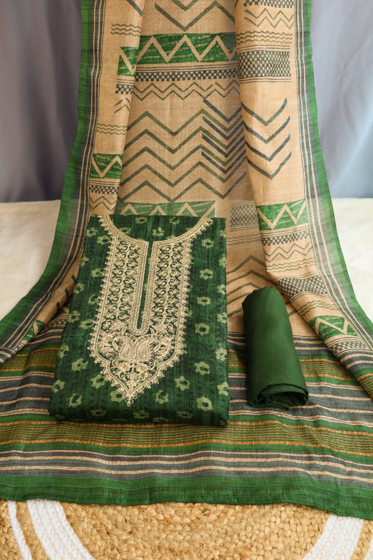 Green Tussar Silk Sequins and Zari Embroidered Suit Set with Printed Dupatta