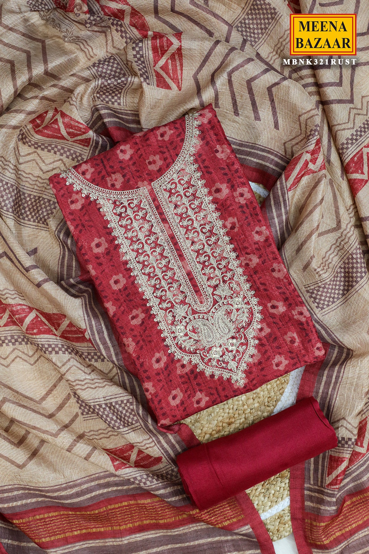 Rust Tussar Silk Sequins and Zari Embroidered Suit Set with Printed Dupatta