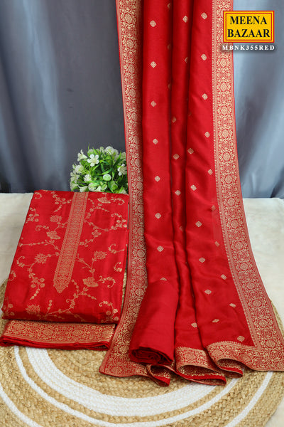 Red Blended Silk Floral Zari Weaving Embroidered Suit Set