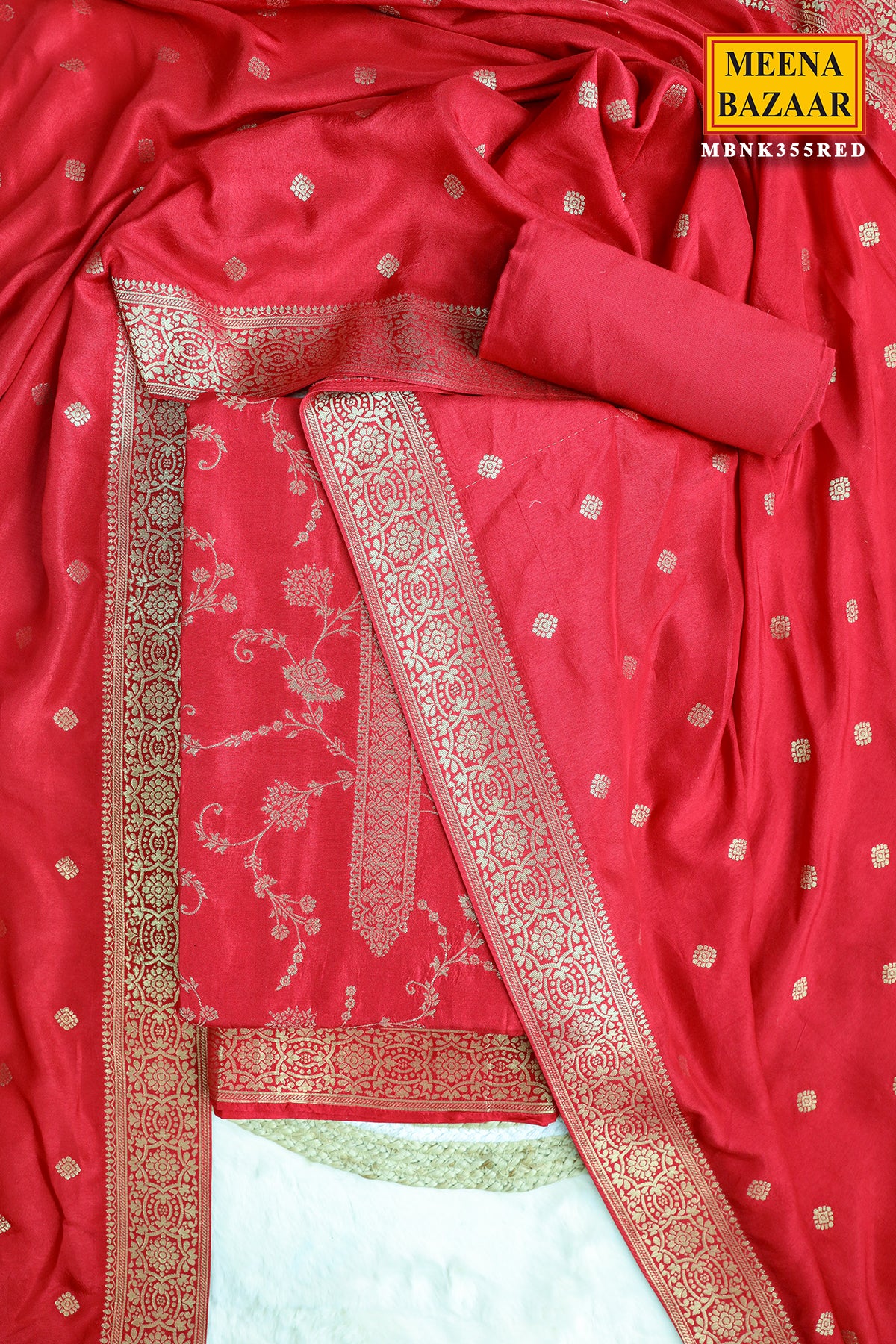 Red Blended Silk Floral Zari Weaving Embroidered Suit Set