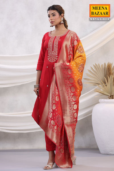 Red Modal Silk Zari and Sequins Embroidered Suit Set