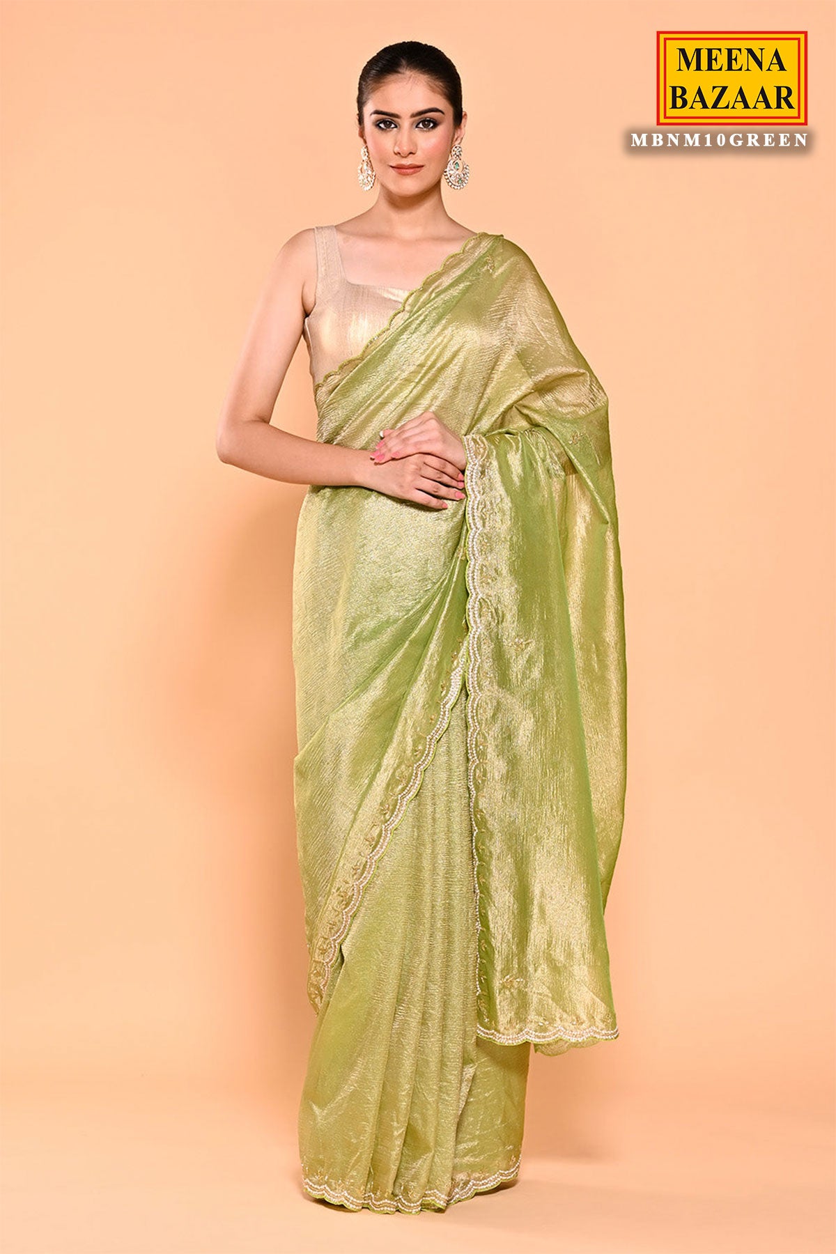 Green Crush Tissue Zar, Pearl Embroidered Scalloped Border Saree