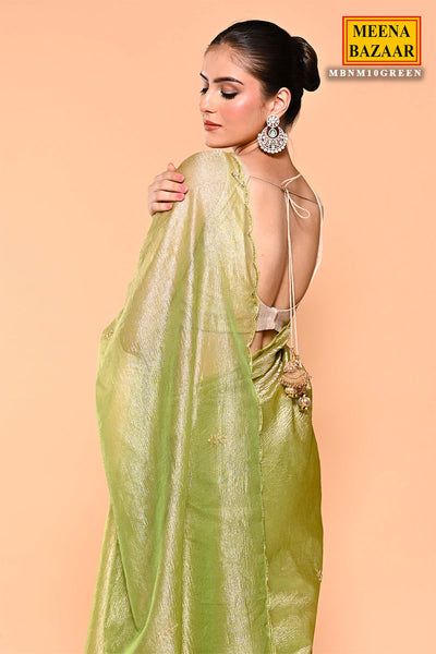 Green Crush Tissue Zar, Pearl Embroidered Scalloped Border Saree