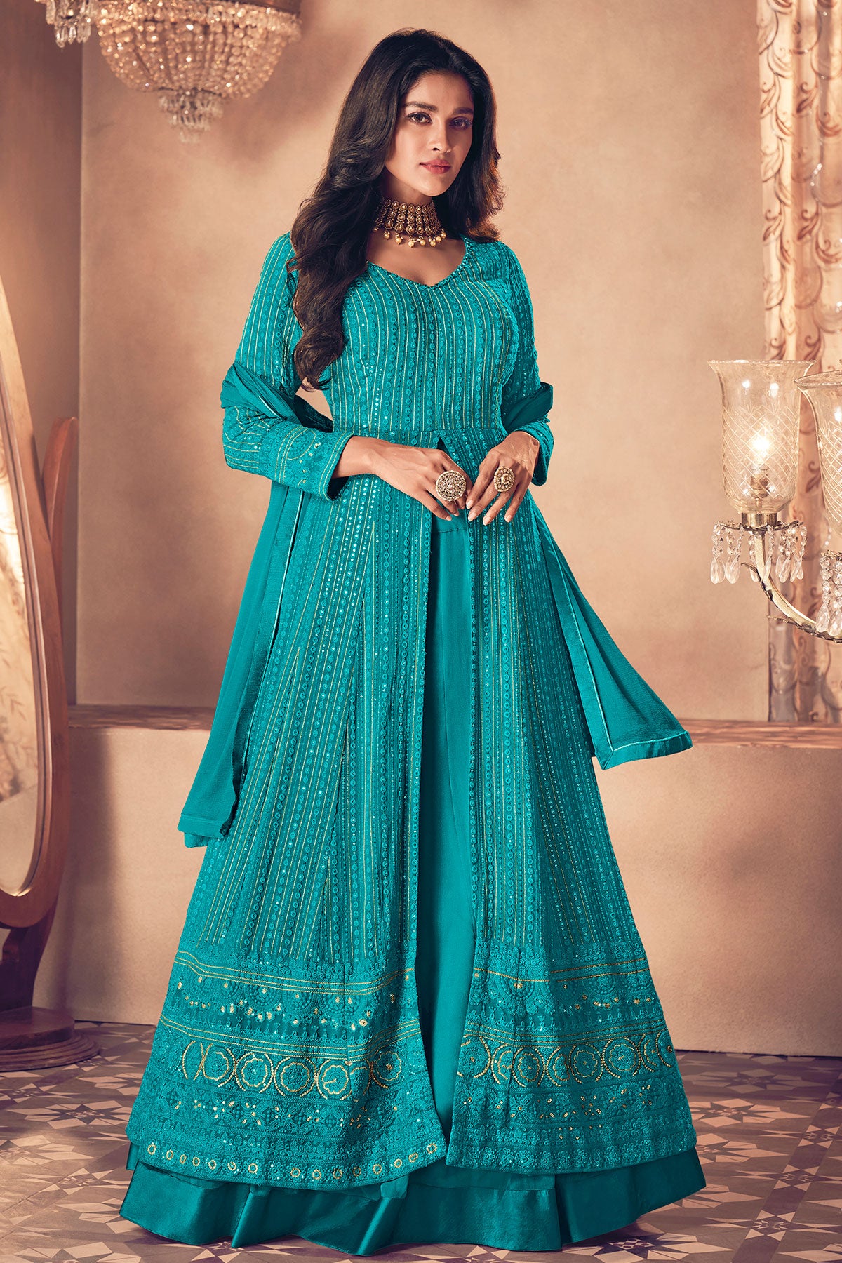 Rama Georgette Sequin Embroidered Front Slit Skirt Suit