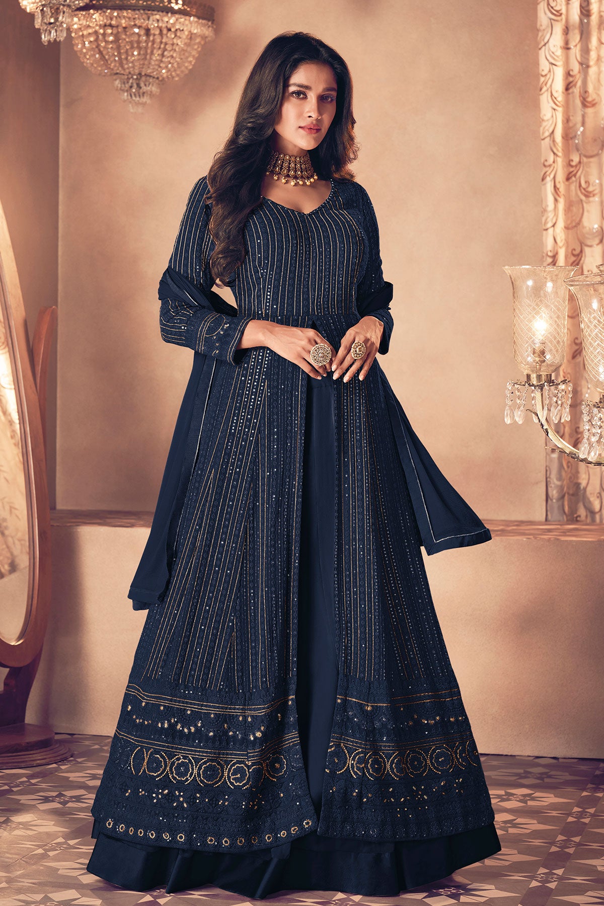 Navy Georgette Sequin Embroidered Front Slit Skirt Suit