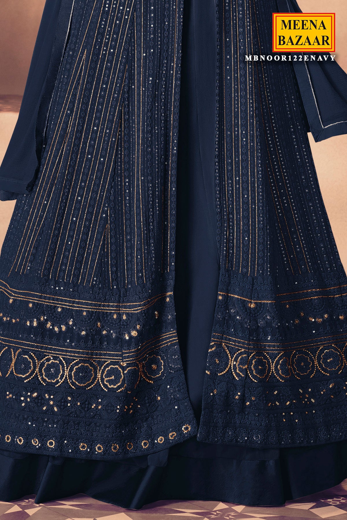 Navy Georgette Sequin Embroidered Front Slit Skirt Suit