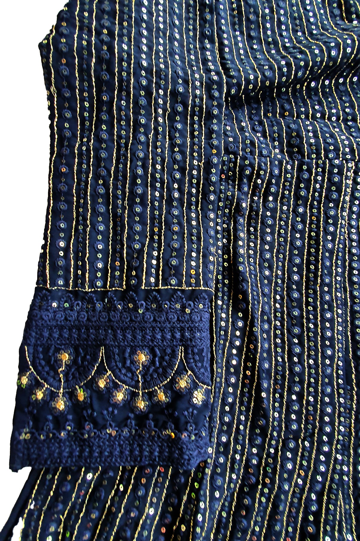 Navy Georgette Sequin Embroidered Front Slit Skirt Suit