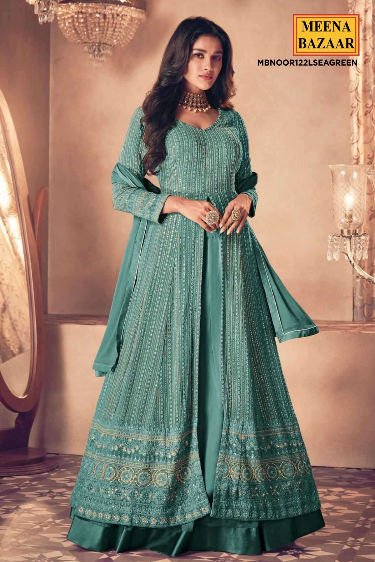 Sea Green georgette Sequin Embroidered Front Slit Skirt Suit