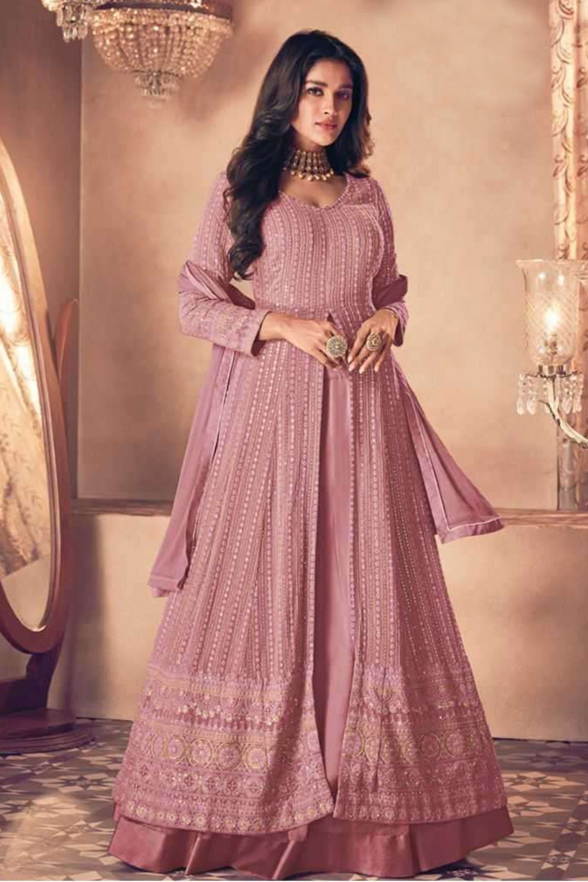 Blush Pink Georgette Sequin Embroidered Front Slit Skirt Suit