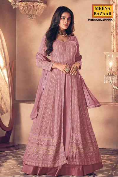 Blush Pink Georgette Sequin Embroidered Front Slit Skirt Suit