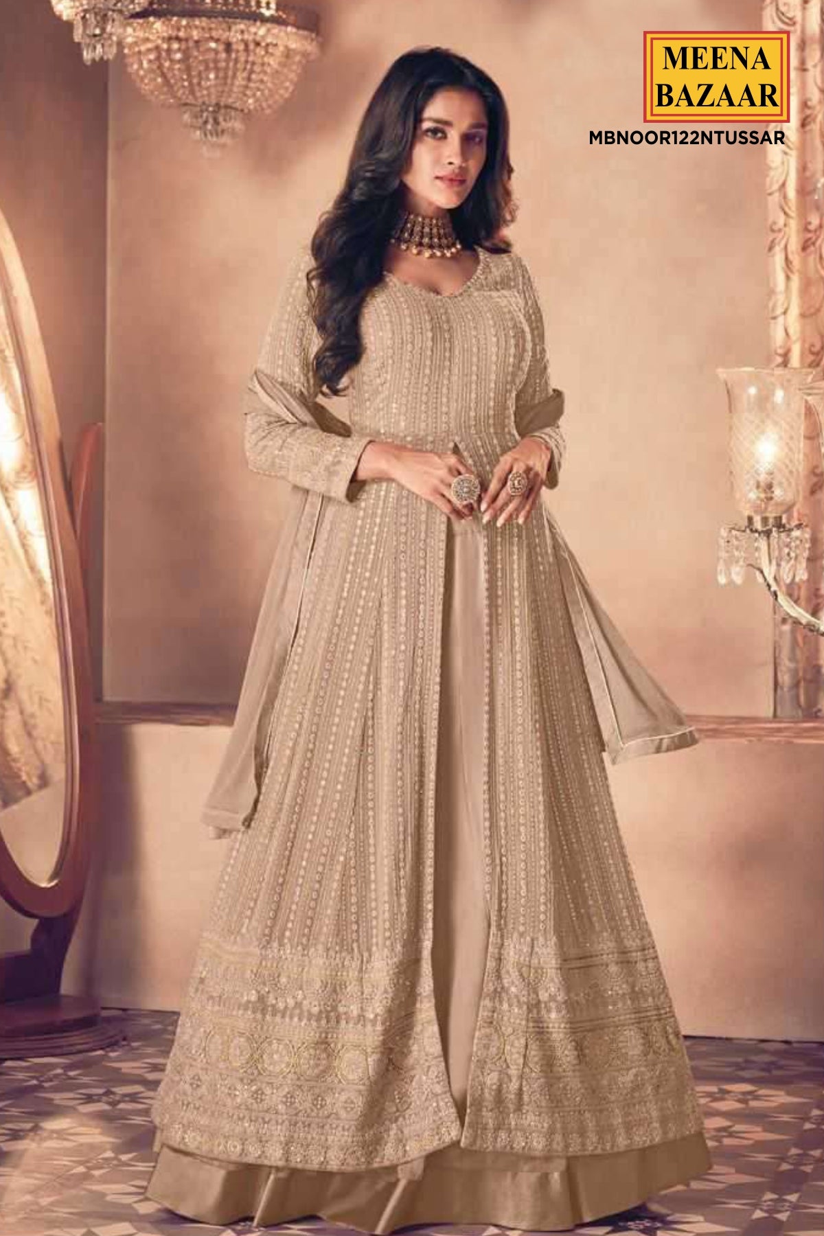 Beige Pink Georgette Sequin Embroidered Front Slit Skirt Suit