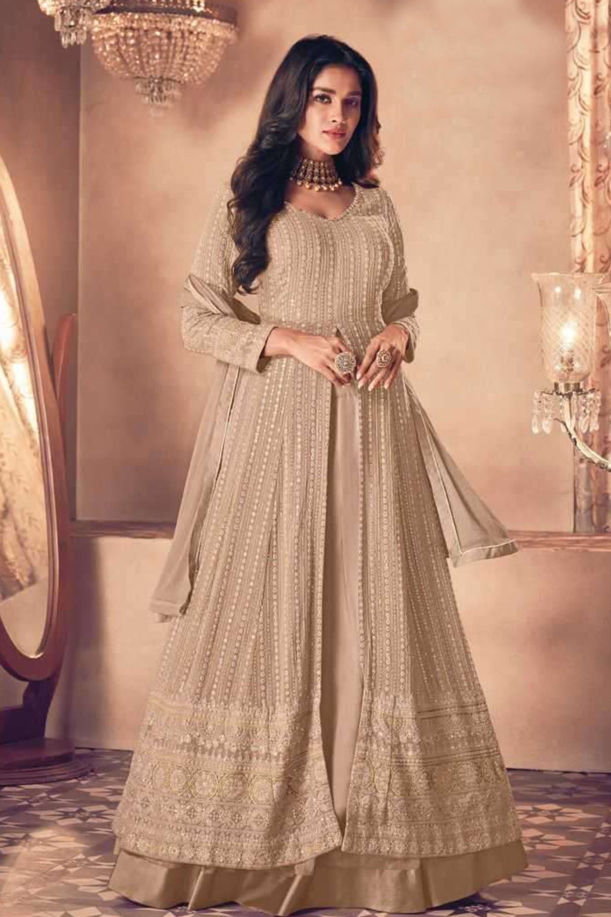 Beige Pink Georgette Sequin Embroidered Front Slit Skirt Suit