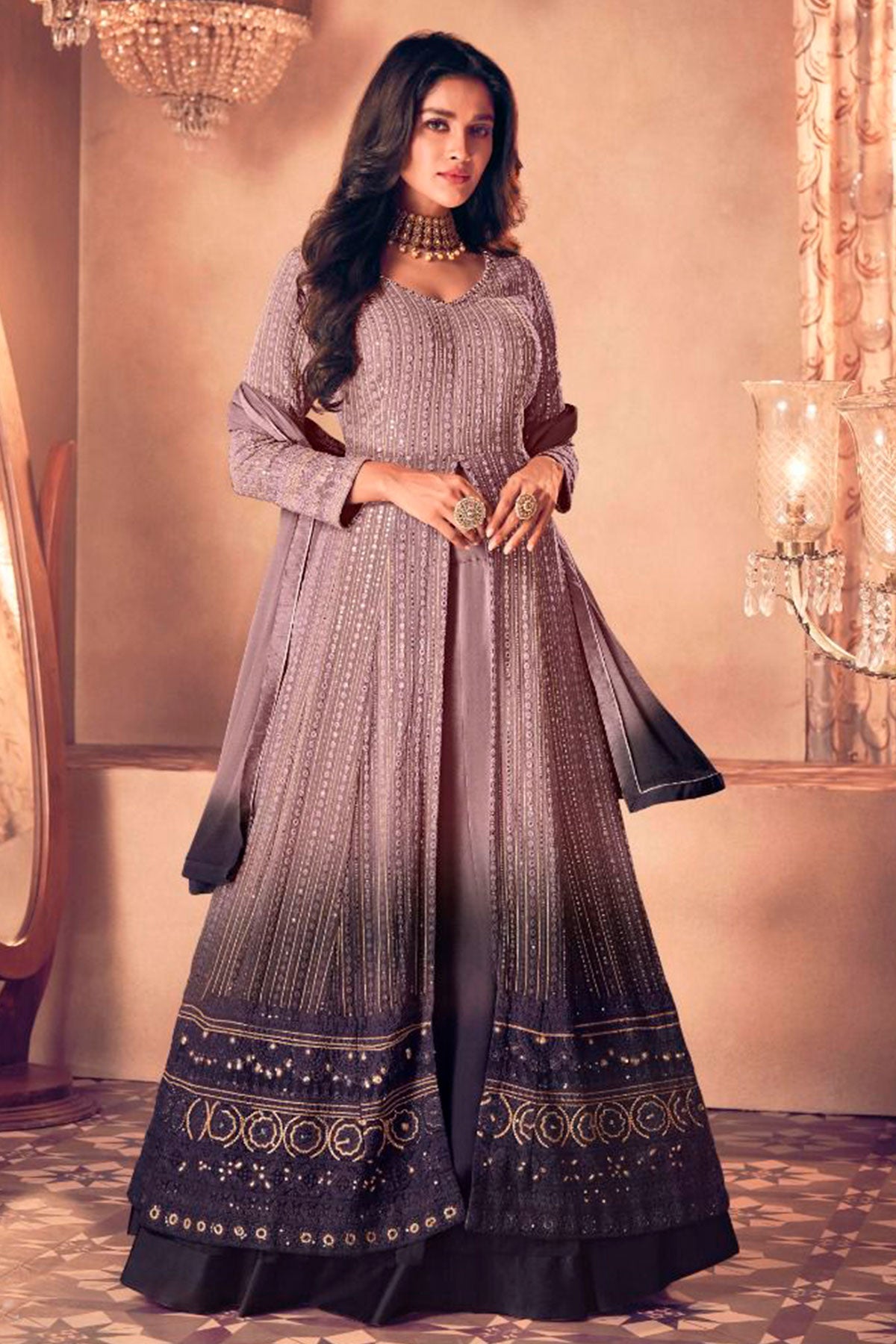 Mauve Georgette Sequin, Threadwork and Zari Embroidered Skirt Suit
