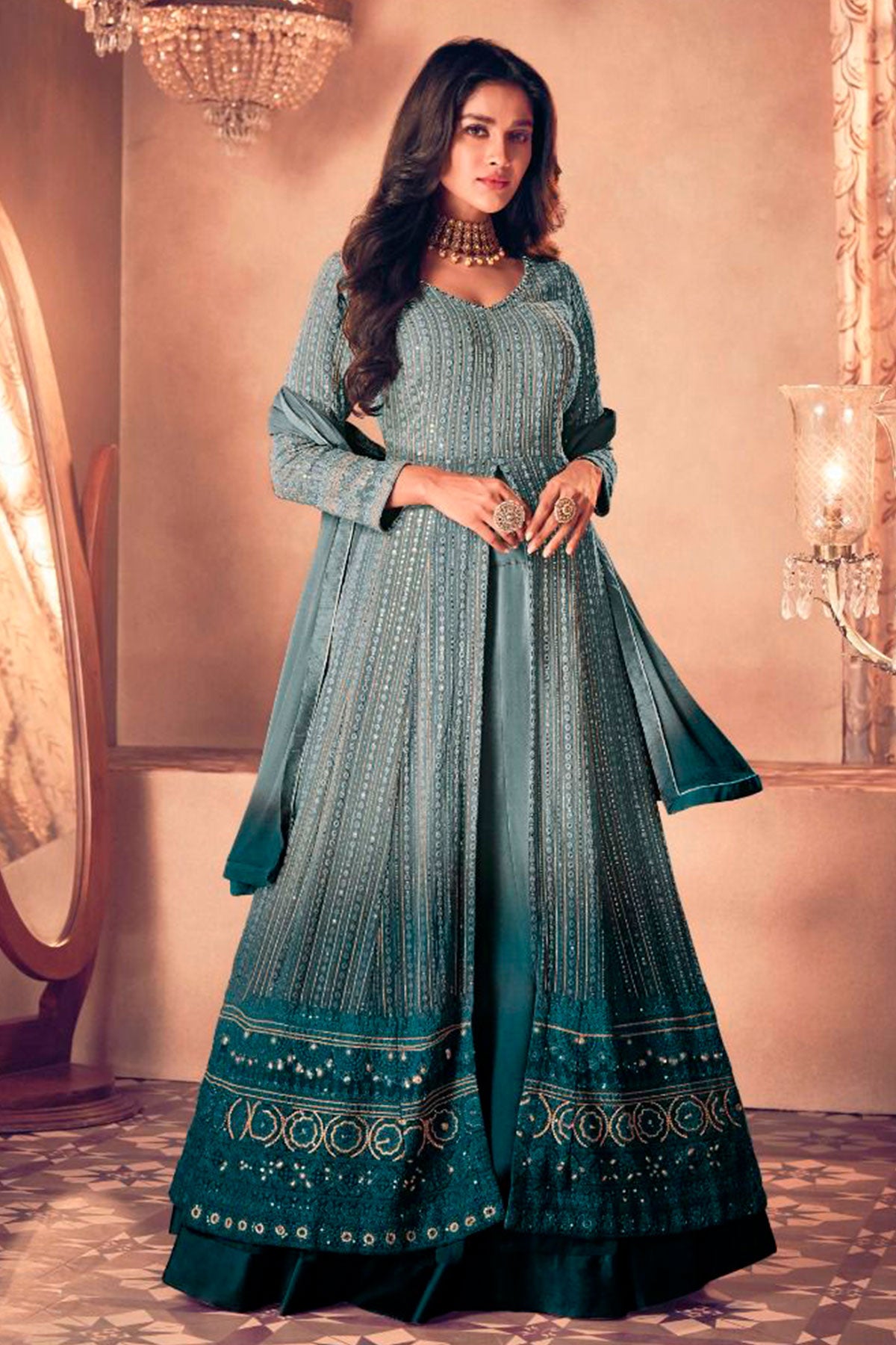 Grey Blue Georgette Sequin, Threadwork and Zari Embroidered Skirt Suit