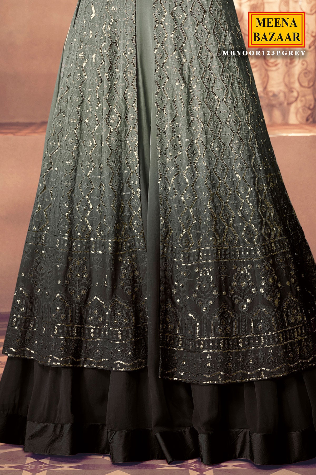 Dark Grey Georgette Sequin Embroidered Front Slit Skirt Suit