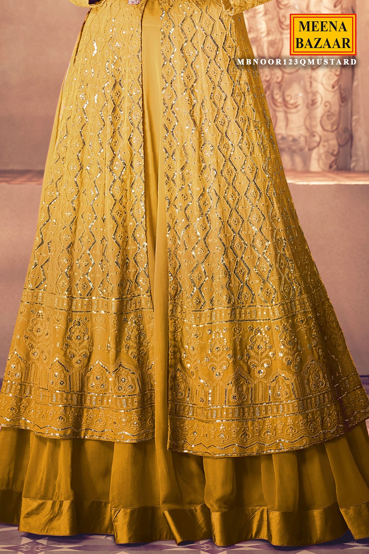 Mustard Georgette Sequin Embroidered Front Slit Skirt Suit