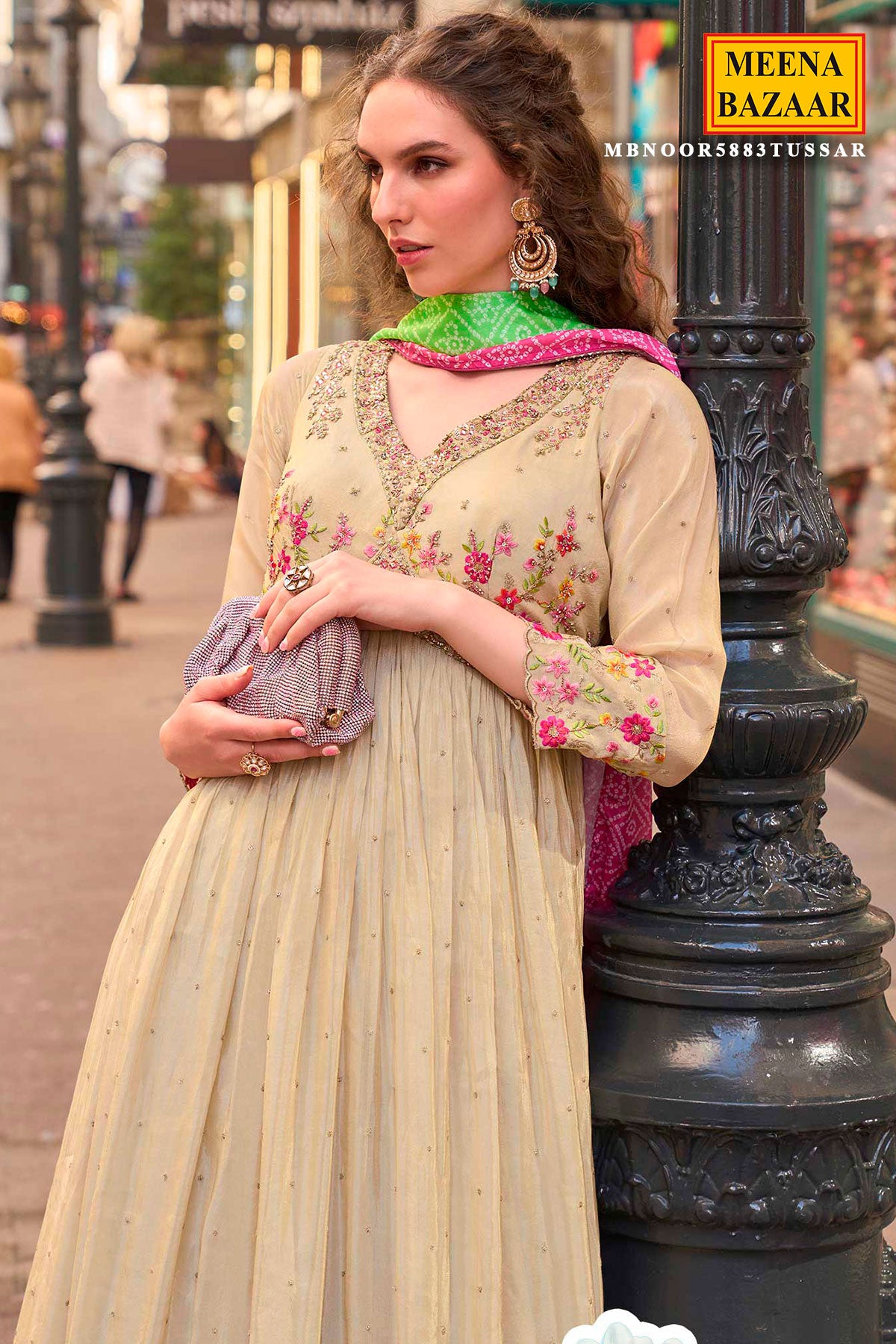 Tussar Anarkali Suit with Dupatta Zari Work Festive & Wedding Wear